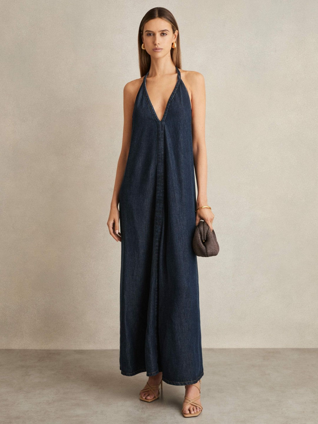 Women Denim Halterneck Maxi Dress in Indigo