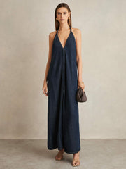 Women Denim Halterneck Maxi Dress in Indigo