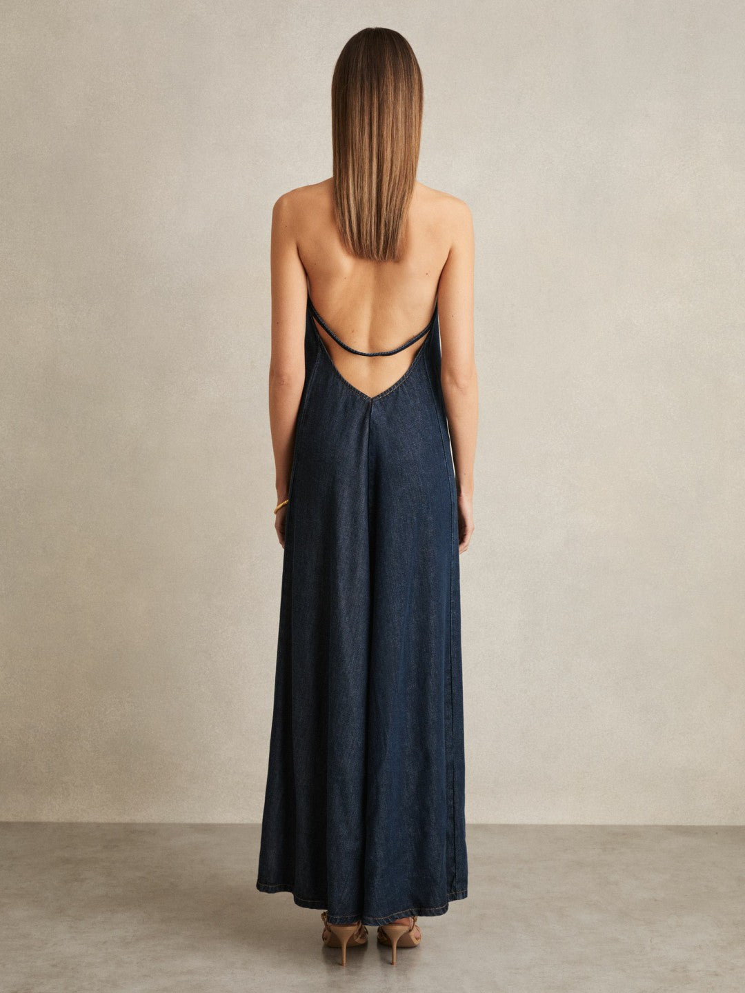 Women Denim Halterneck Maxi Dress in Indigo