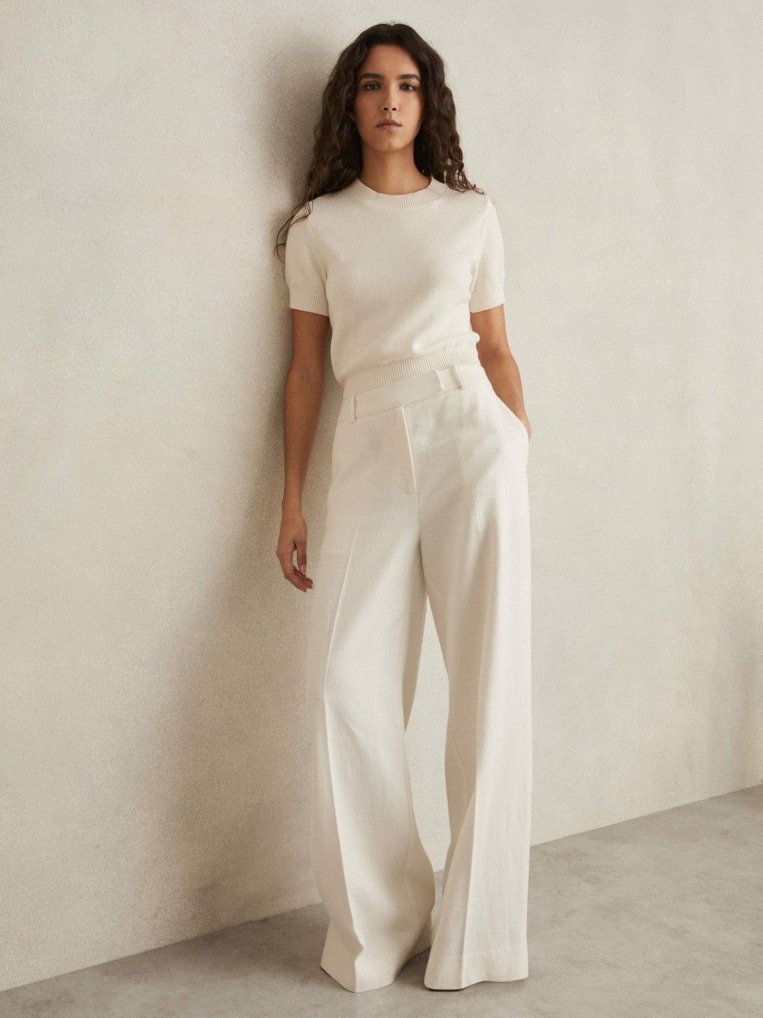 Women Petite Linen-Blend Wide-Leg Trousers in White