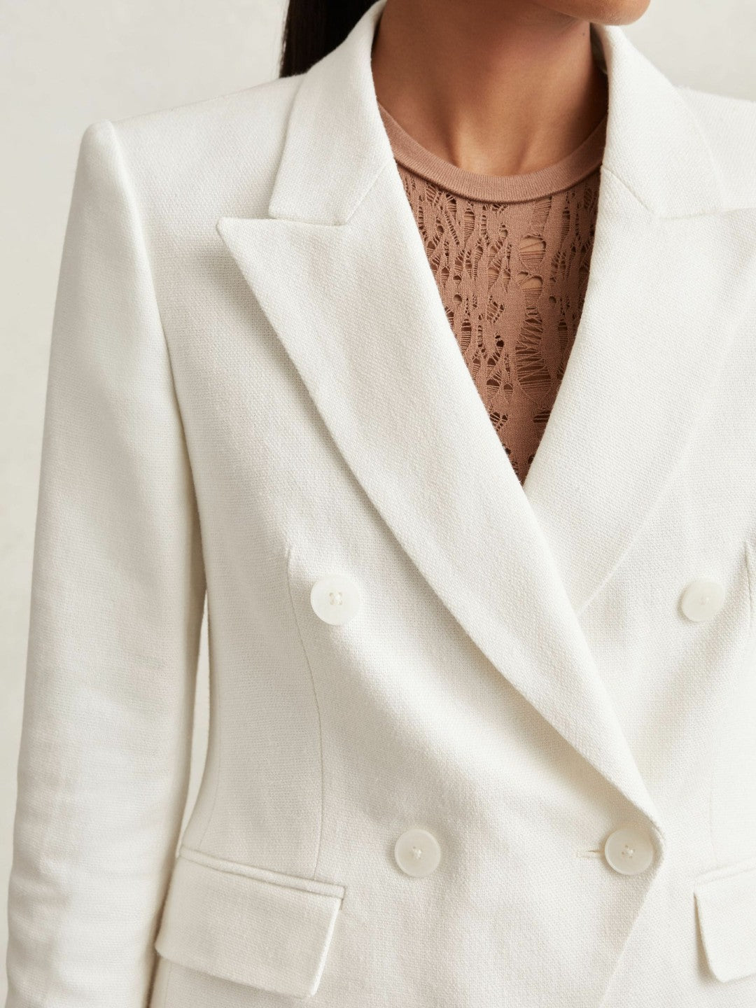 Women Linen-Blend Double-Breasted Suit Jacket in White