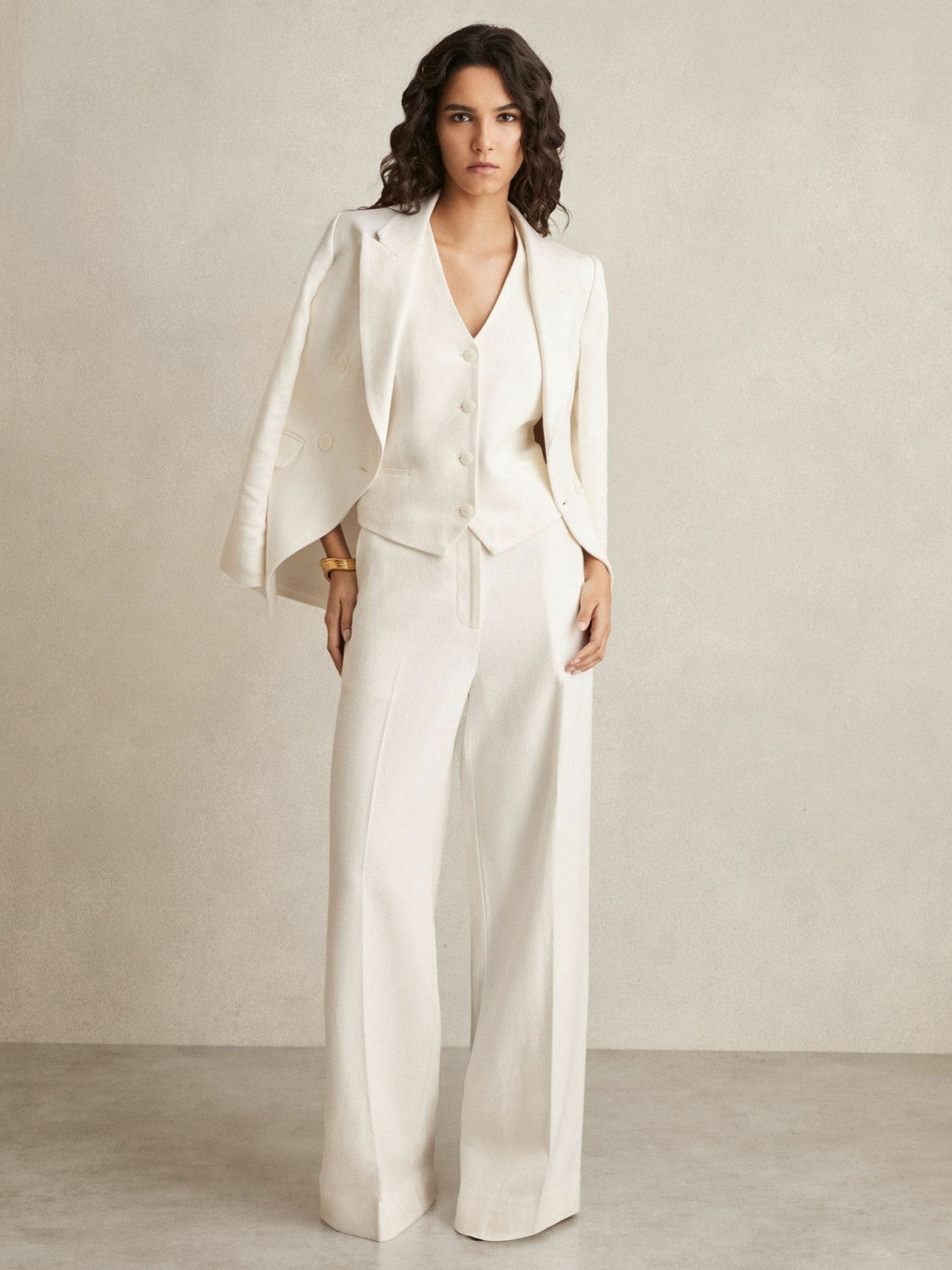 Women Linen-Blend Button-Through Waistcoat in White