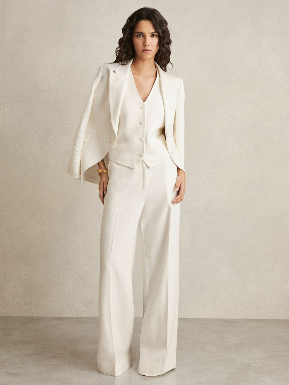 Women Linen-Blend Button-Through Waistcoat in White