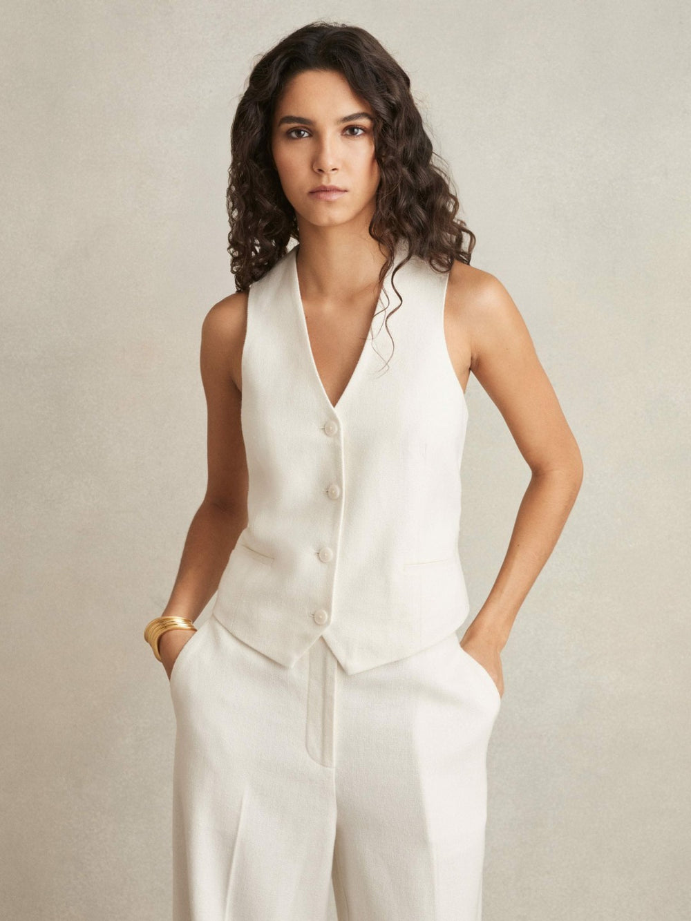 Women Linen-Blend Button-Through Waistcoat in White