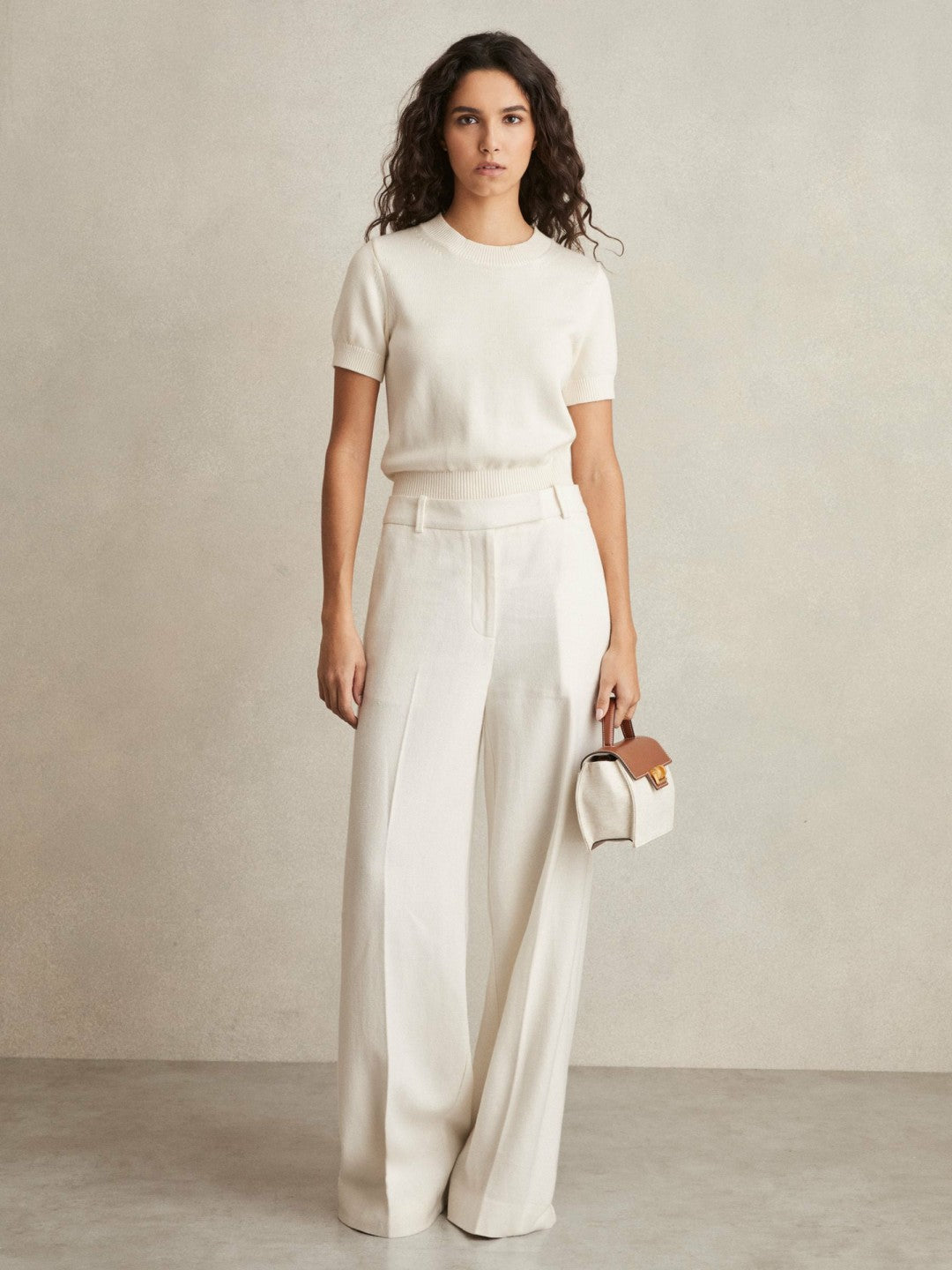 Women Linen-Blend Wide-Leg Trousers in White