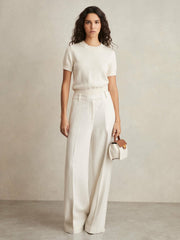 Women Linen-Blend Wide-Leg Trousers in White