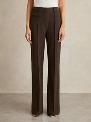 Women Petite High Rise Flared Trousers in Chocolate Brown