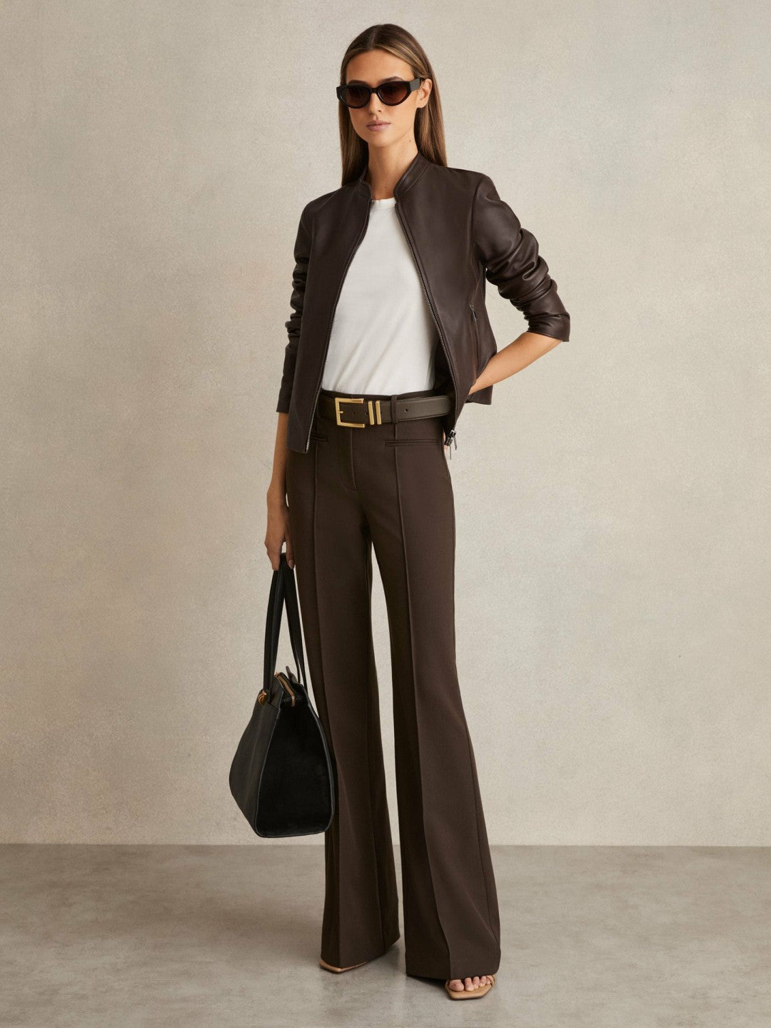 Women Petite High Rise Flared Trousers in Chocolate Brown