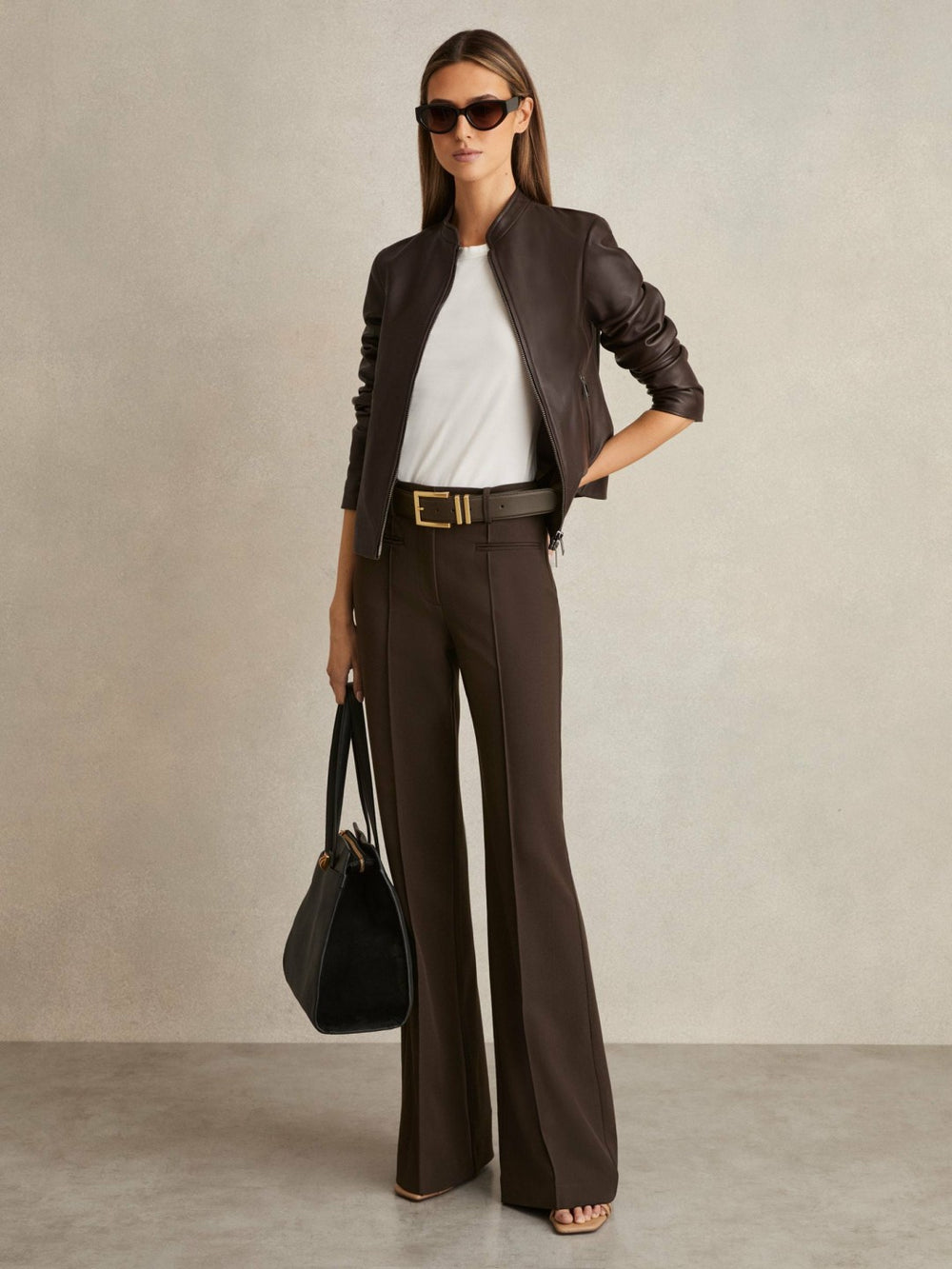 Women Petite High Rise Flared Trousers in Chocolate Brown