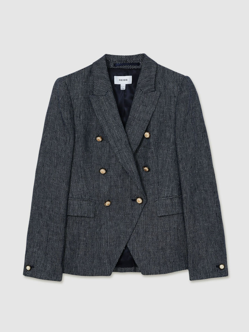 Women Linen-Cotton Double-Breasted Blazer in Navy