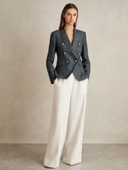 Women Linen-Cotton Double-Breasted Blazer in Navy
