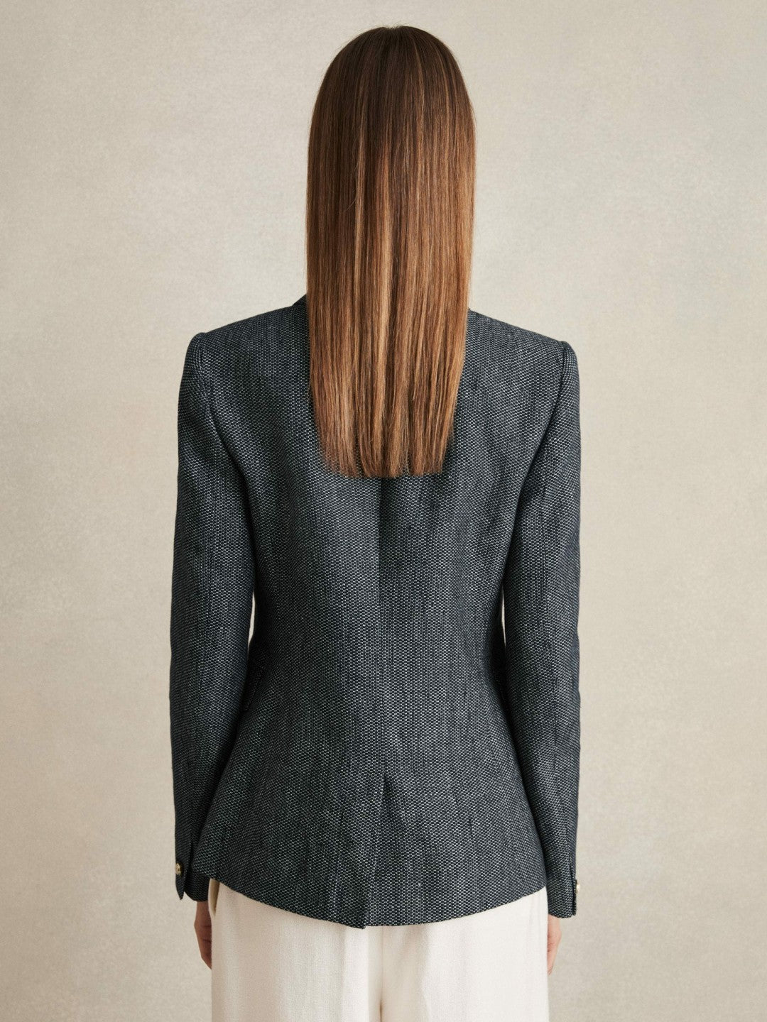Women Linen-Cotton Double-Breasted Blazer in Navy