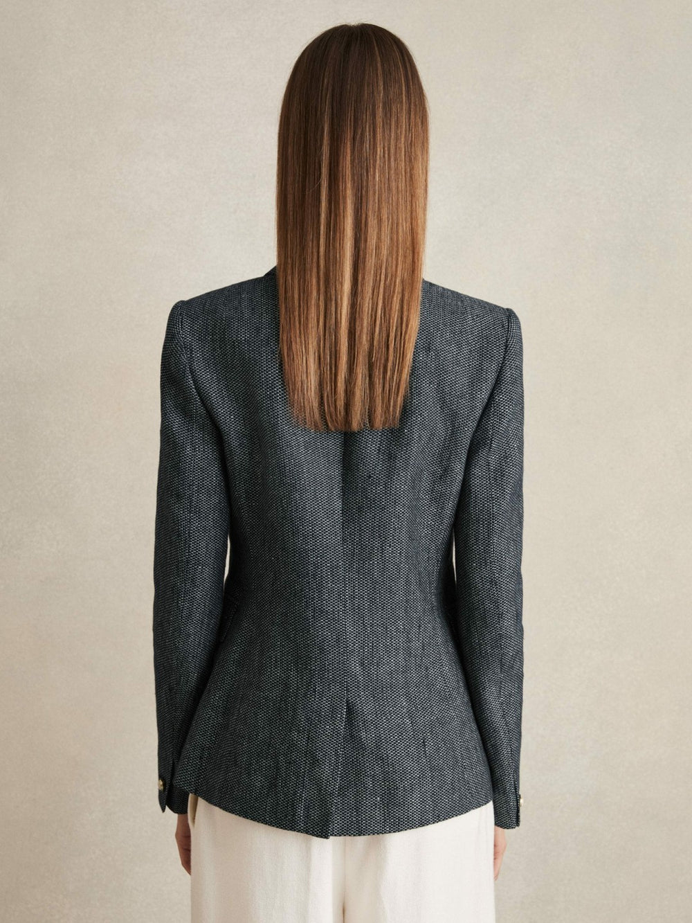 Women Linen-Cotton Double-Breasted Blazer in Navy