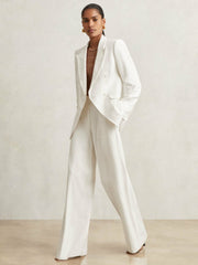 Women Petite Linen-Blend Double-Breasted Suit Jacket in White