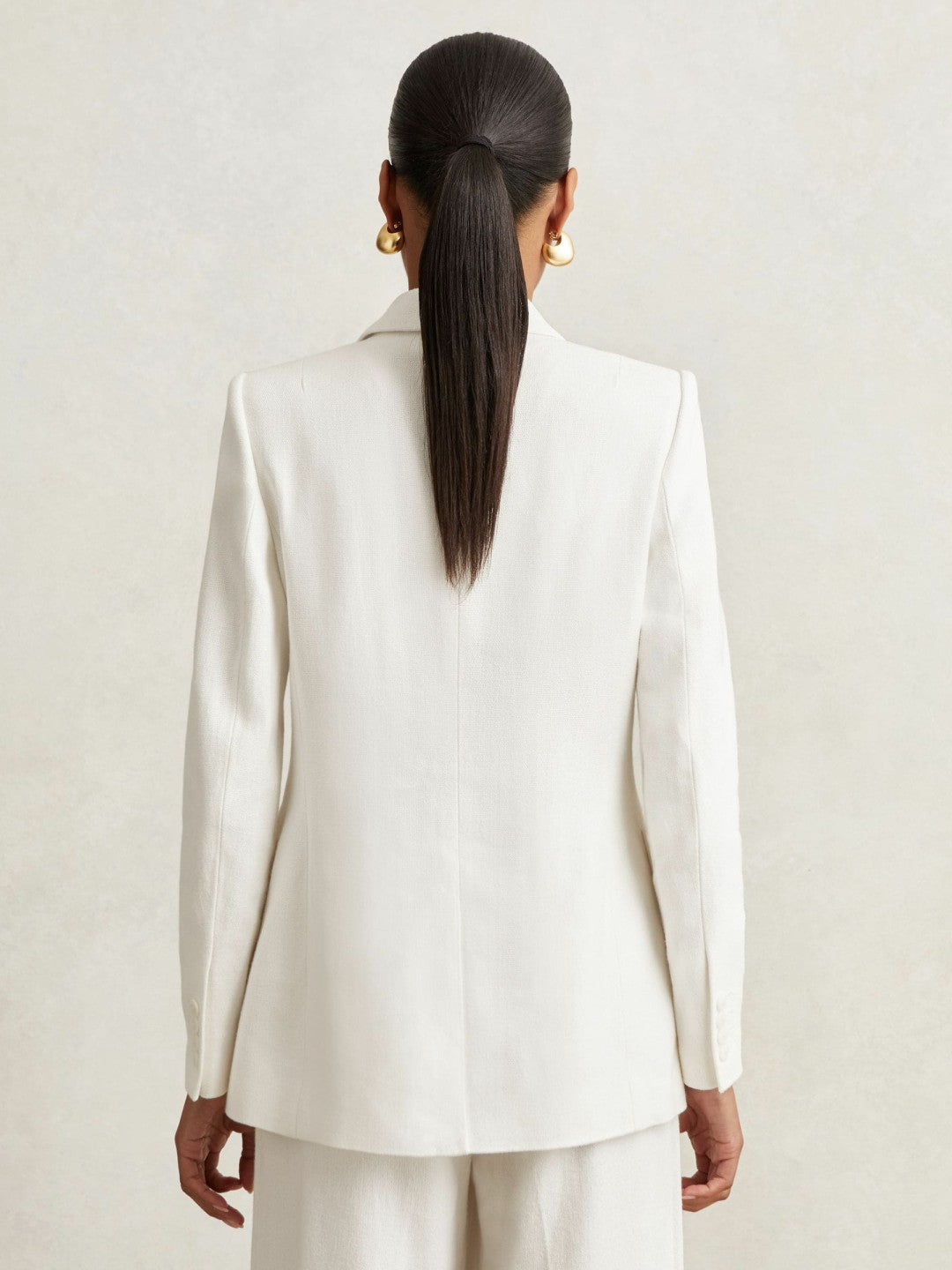 Women Petite Linen-Blend Double-Breasted Suit Jacket in White