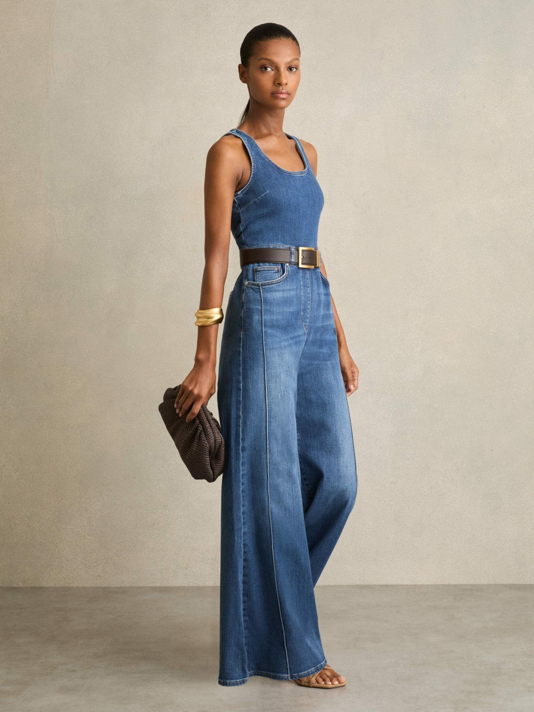 Women Wide-Leg Racer-Back Denim Jumpsuit in Indigo