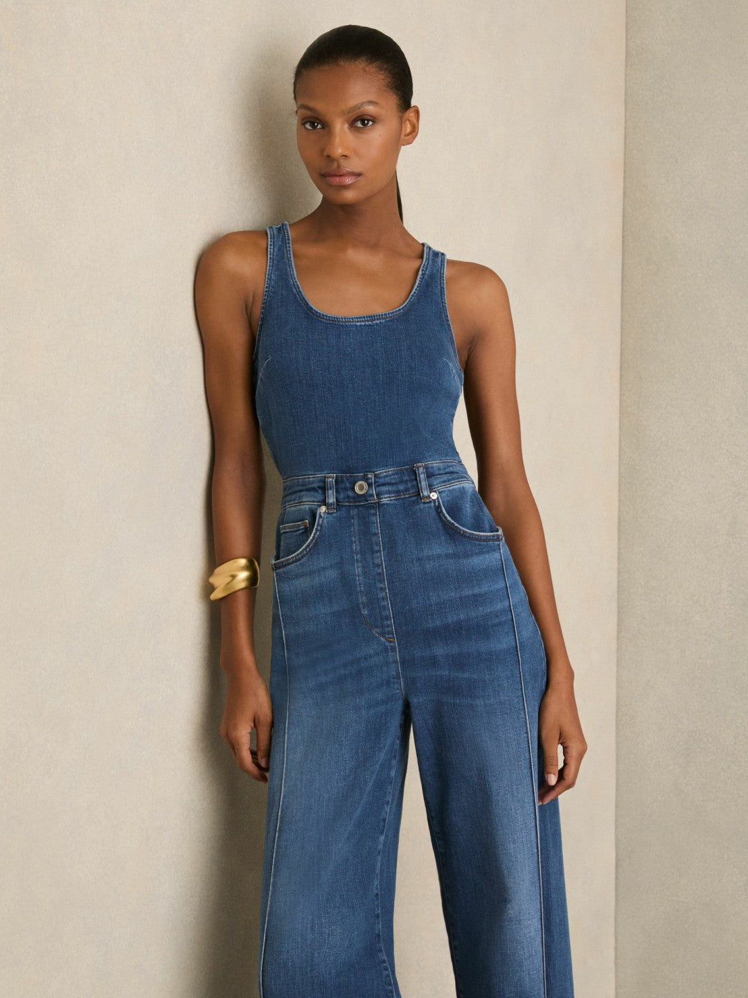 Women Wide-Leg Racer-Back Denim Jumpsuit in Indigo