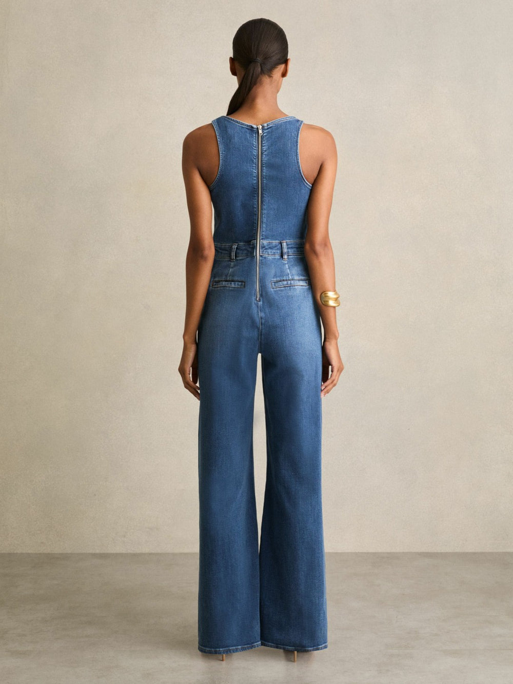 Women Wide-Leg Racer-Back Denim Jumpsuit in Indigo