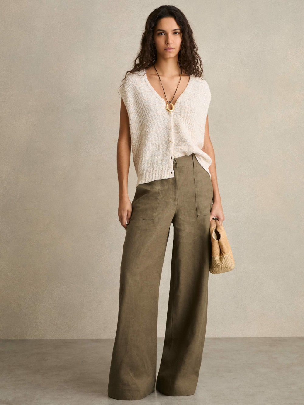 Women Linen Wide Leg Trousers in Khaki