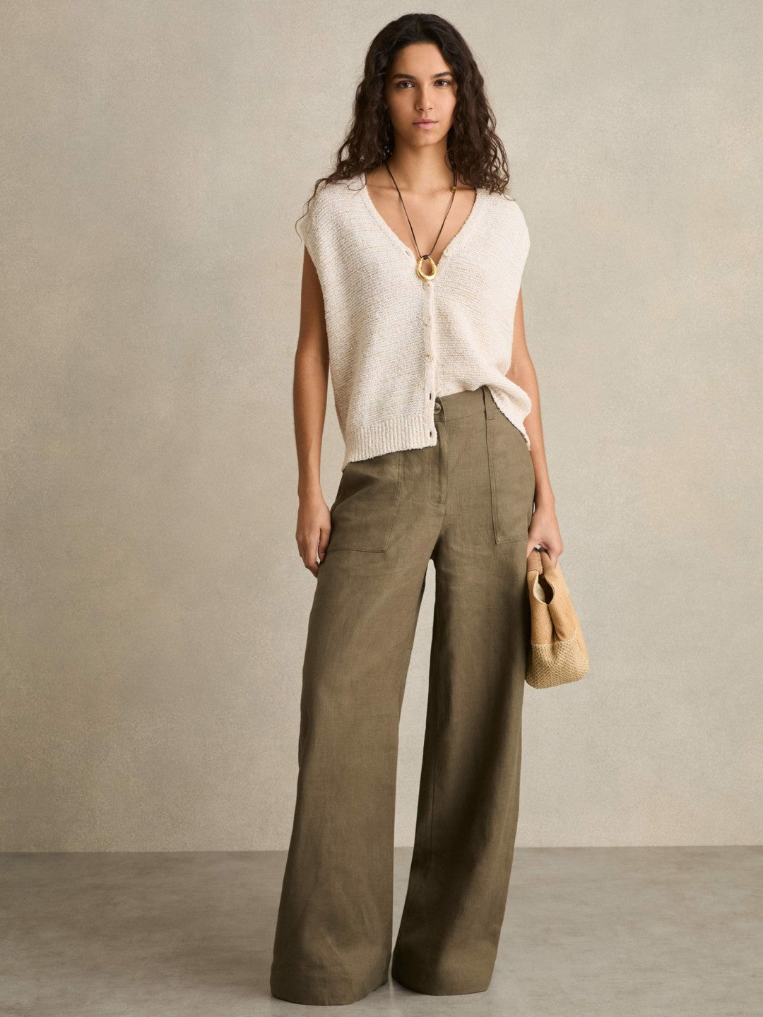 Women Linen Wide Leg Trousers in Khaki