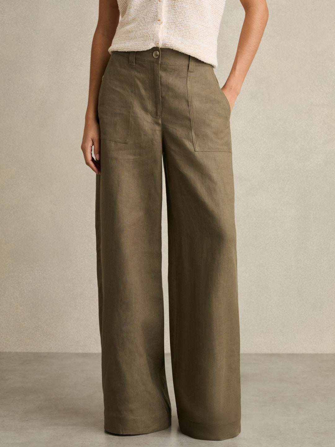 Women Linen Wide Leg Trousers in Khaki