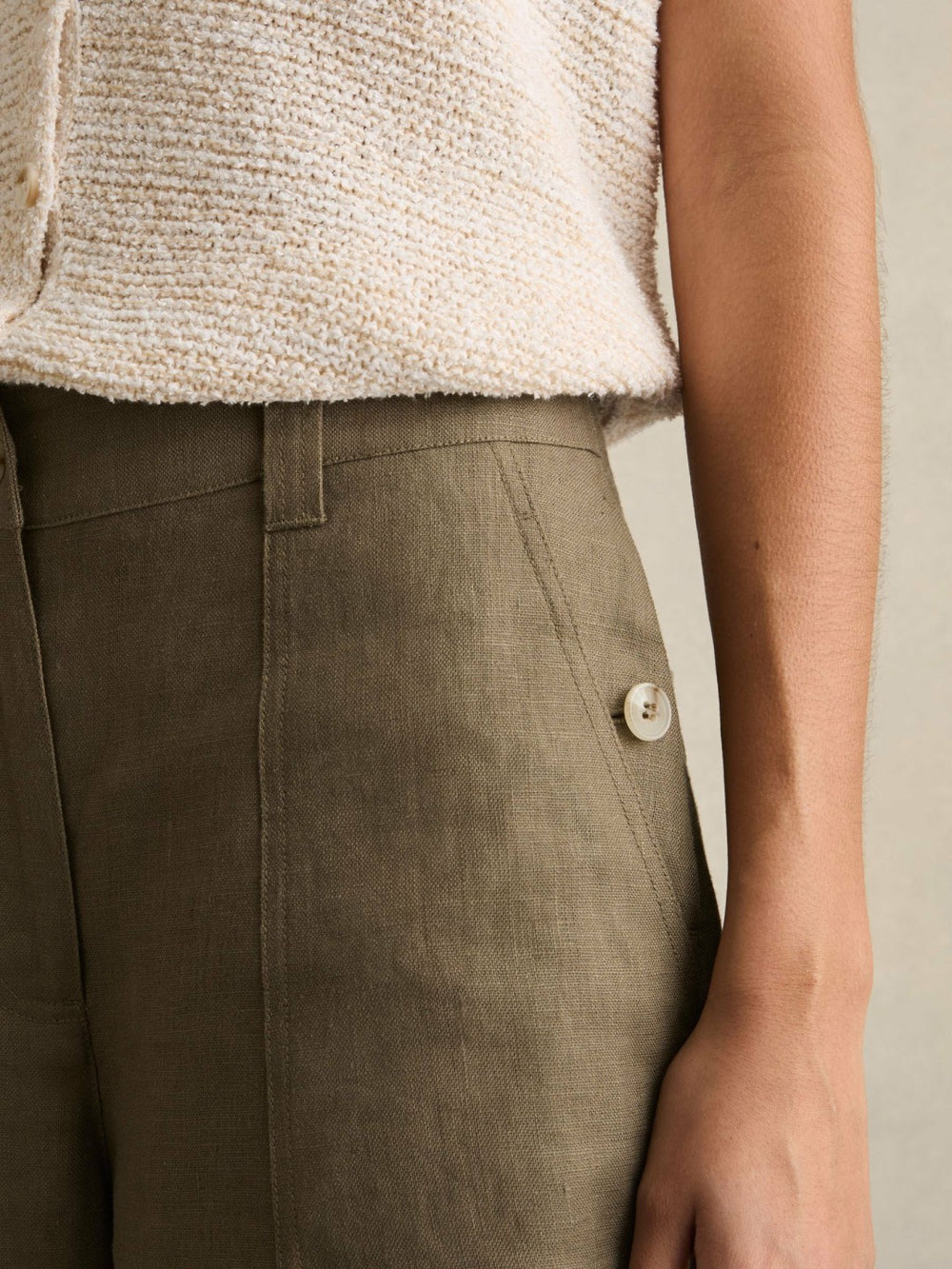 Women Linen Wide Leg Trousers in Khaki