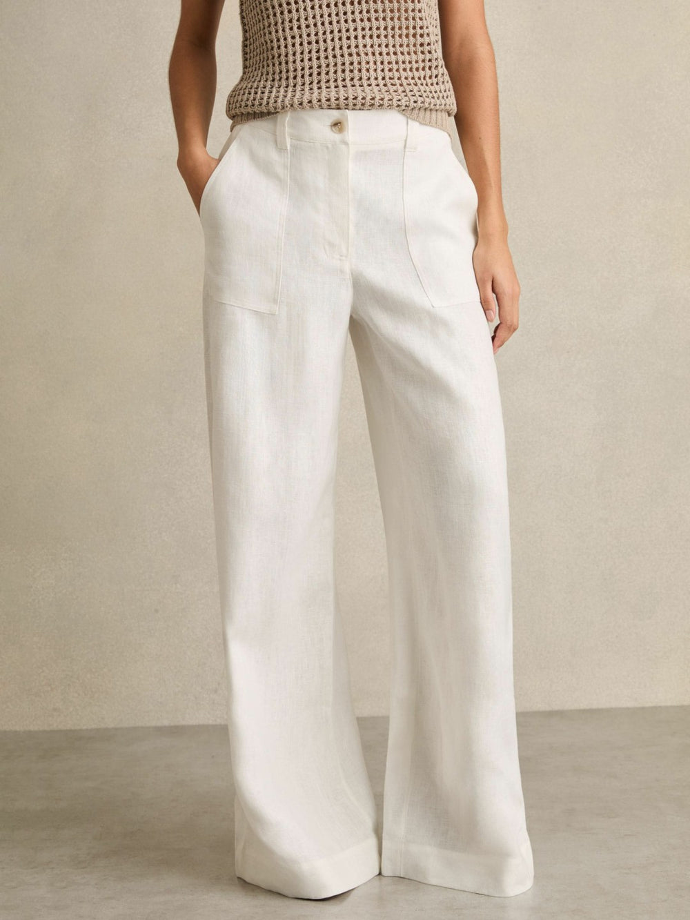 Women Linen Wide Leg Trousers in White