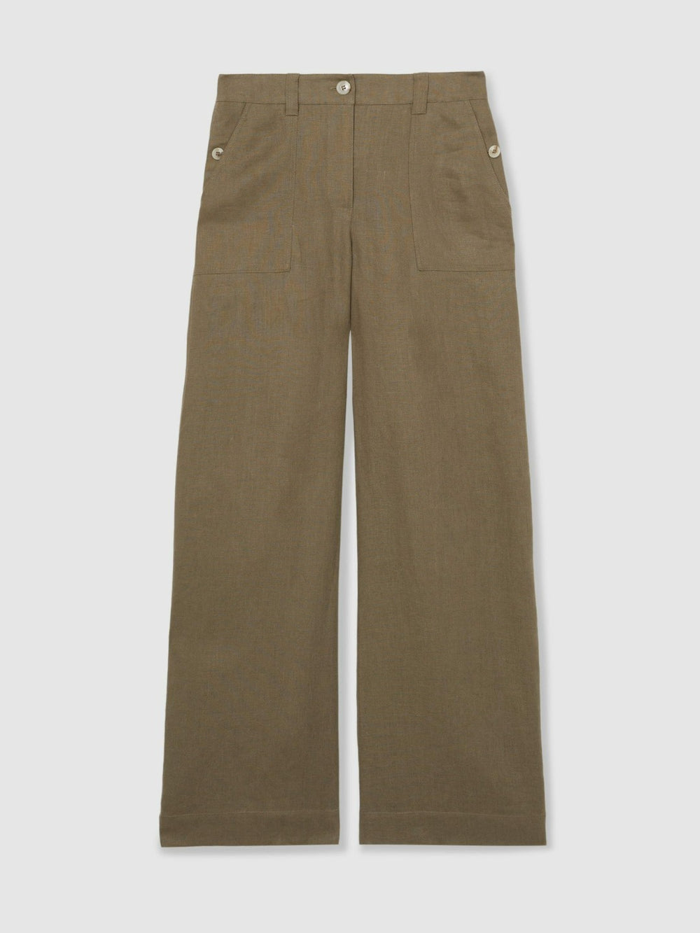 Women Petite Linen Wide Leg Trousers in Khaki