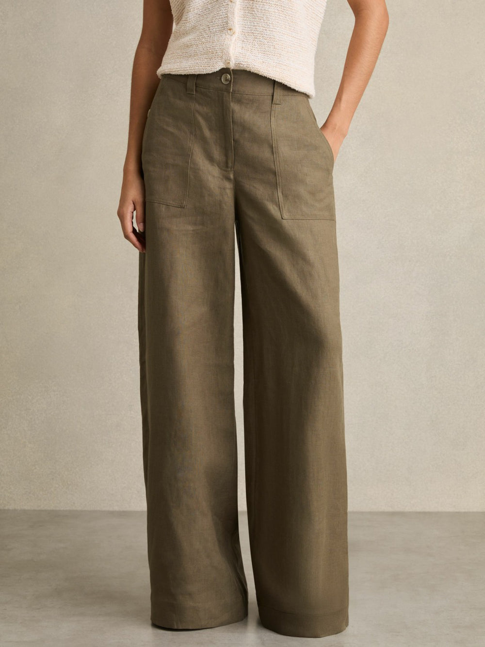 Women Petite Linen Wide Leg Trousers in Khaki