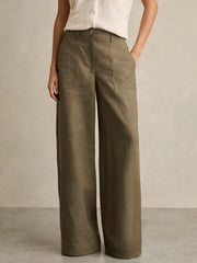 Women Petite Linen Wide Leg Trousers in Khaki