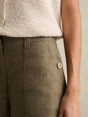 Women Petite Linen Wide Leg Trousers in Khaki