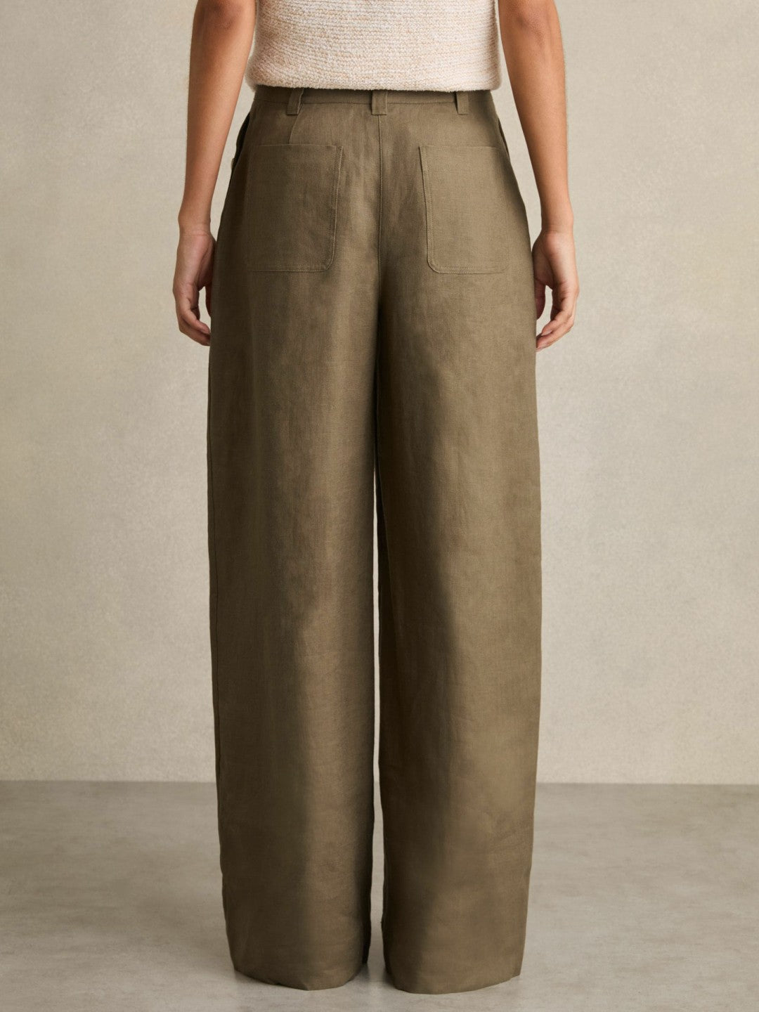 Women Petite Linen Wide Leg Trousers in Khaki
