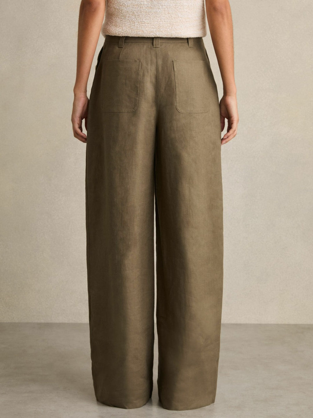 Women Petite Linen Wide Leg Trousers in Khaki