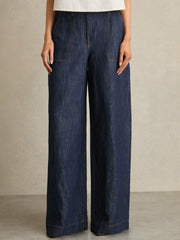 Women Petite Linen Wide Leg Trousers in Indigo