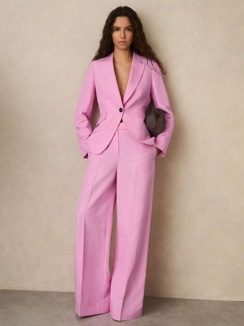 Women Single Breasted Suit Jacket With Linen in Pink
