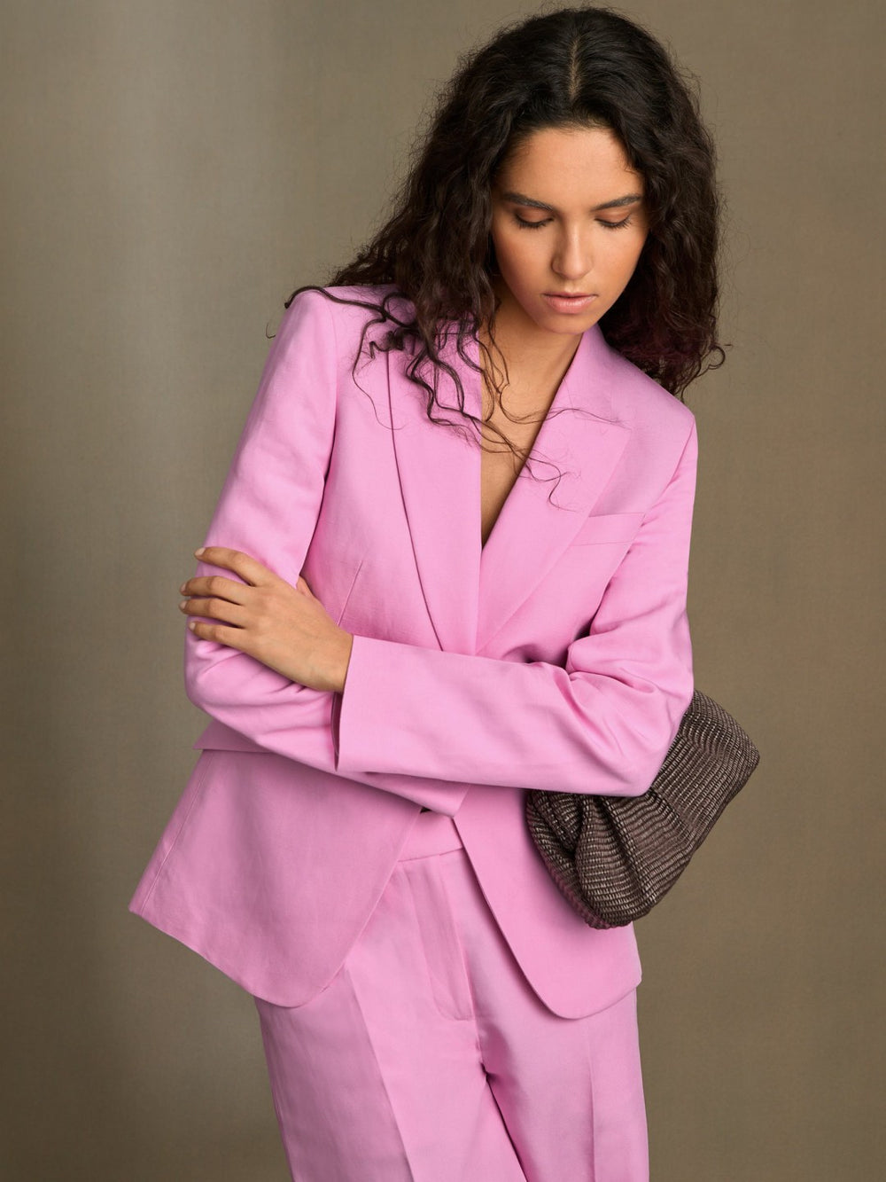 Women Single Breasted Suit Jacket With Linen in Pink