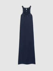 Women Satin Cut-Out Slip Dress in Navy