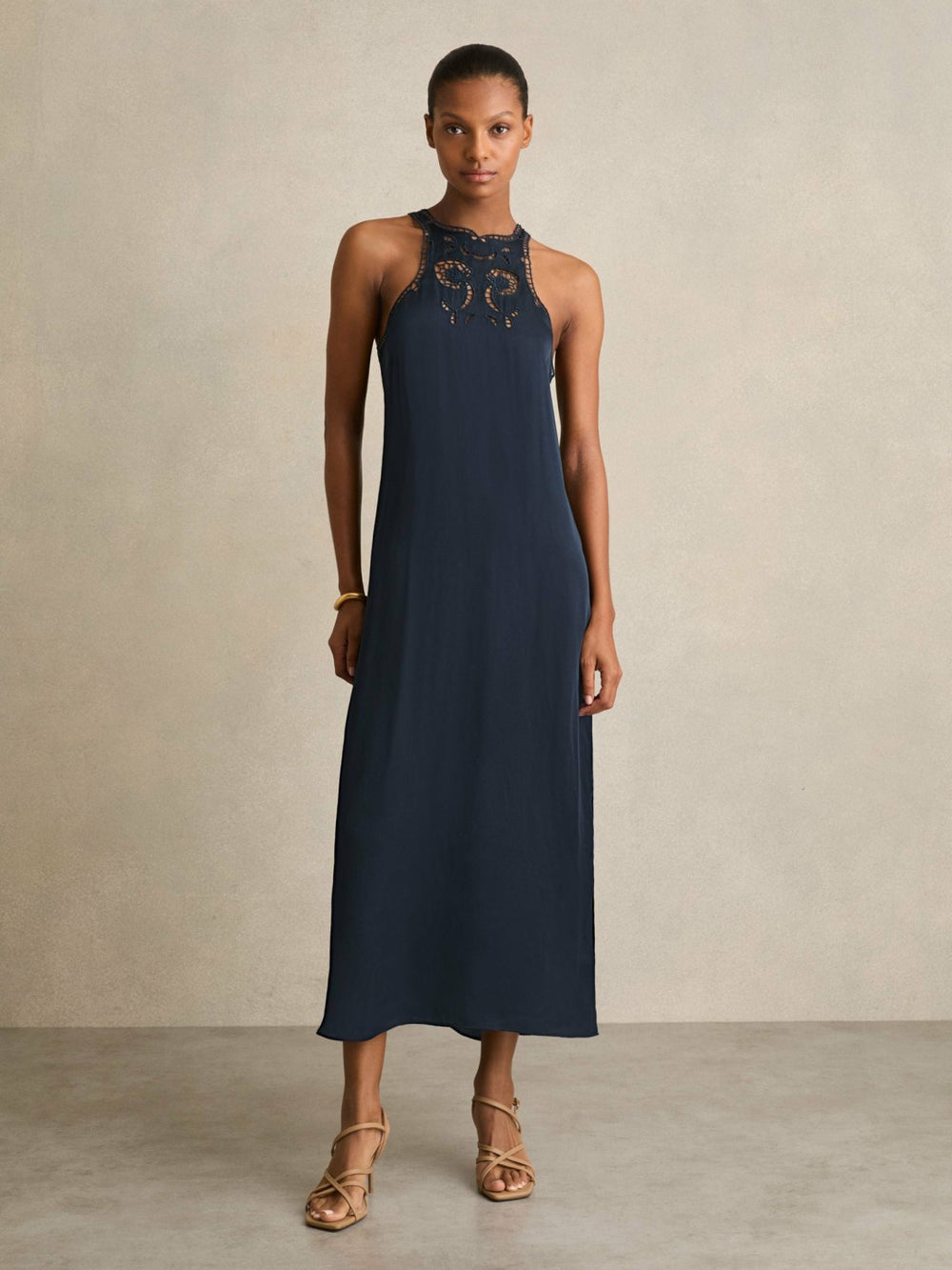 Women Satin Cut-Out Slip Dress in Navy