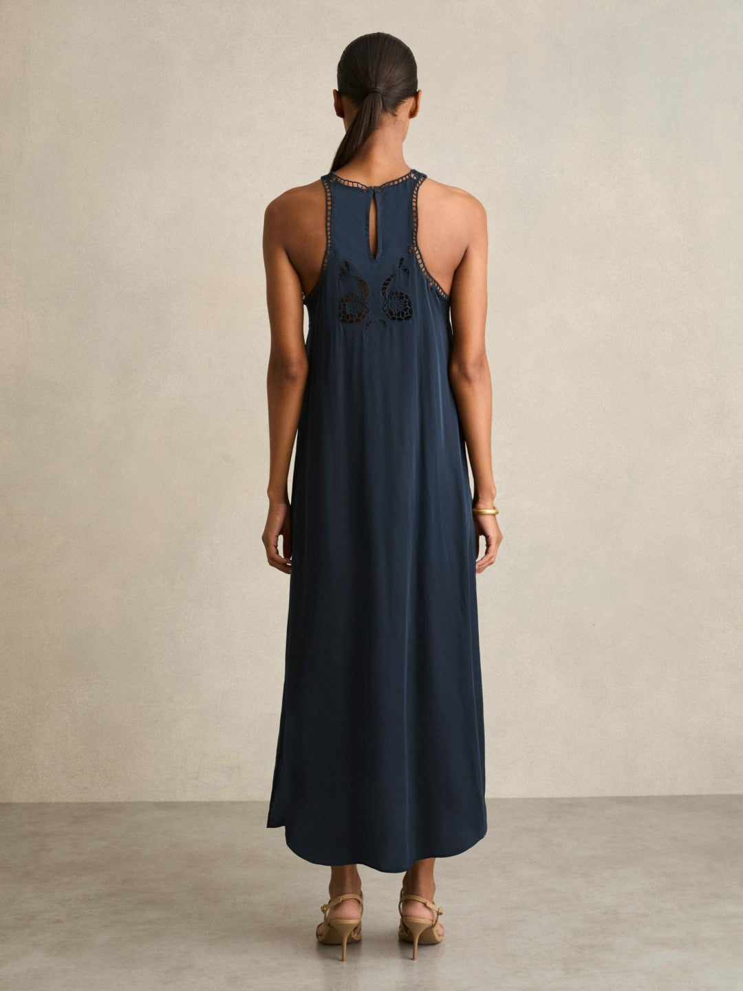 Women Satin Cut-Out Slip Dress in Navy