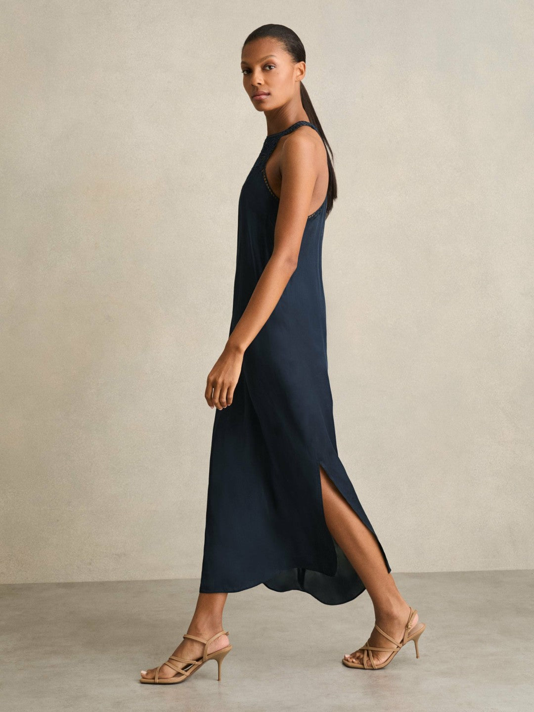 Women Satin Cut-Out Slip Dress in Navy
