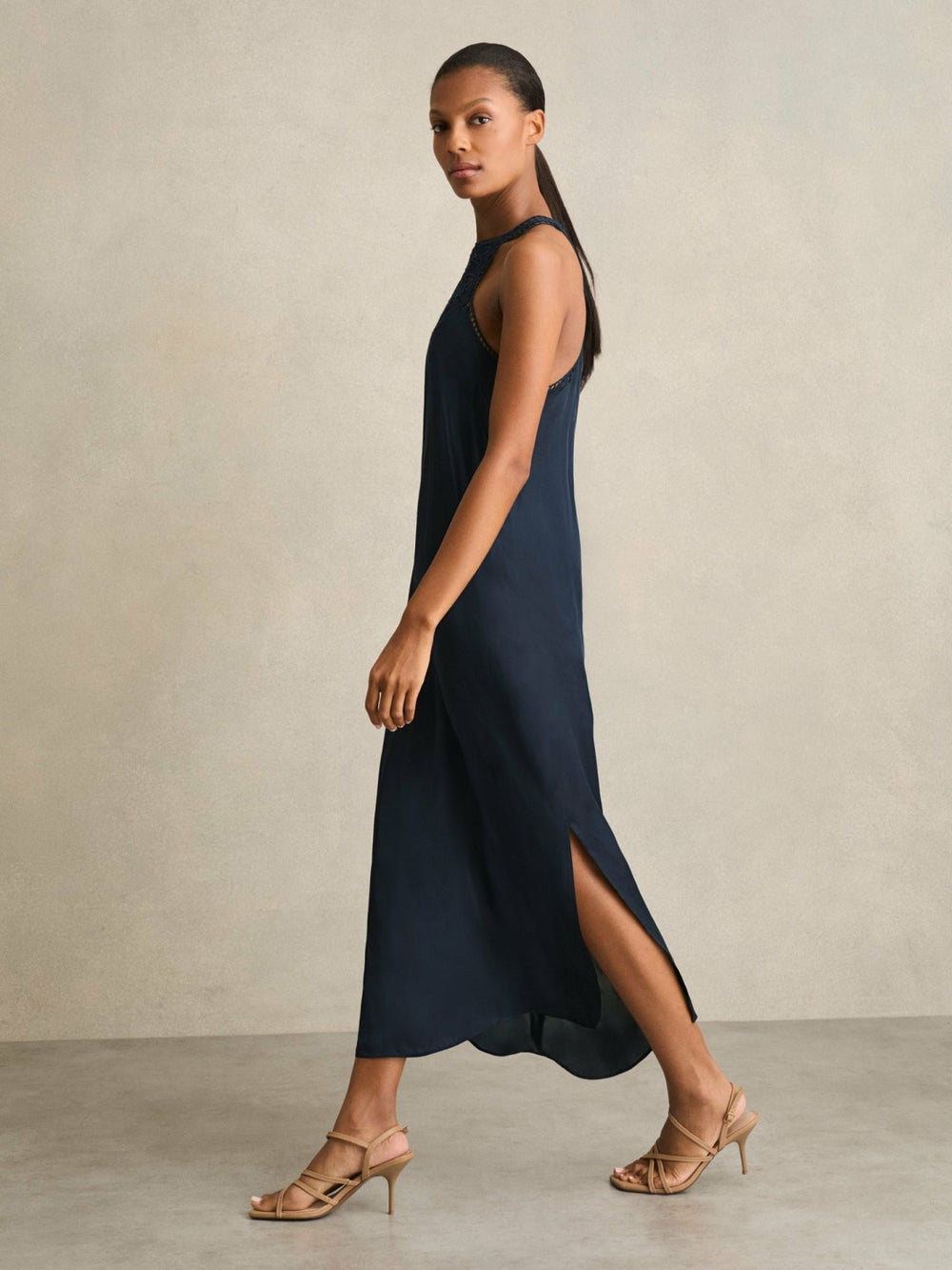 Women Satin Cut-Out Slip Dress in Navy