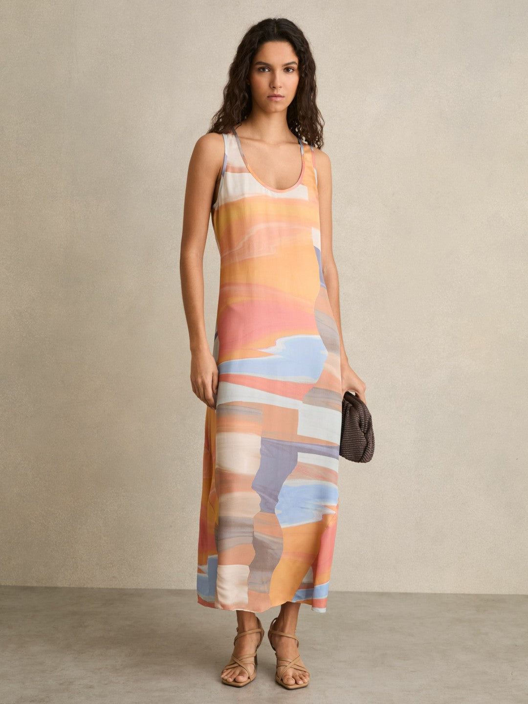 Women Sunset Print Sleeveless Slip Dress in Coral