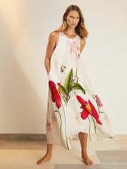 Women NYBG Floral Print Maxi Dress With Linen in Ivory