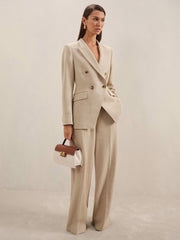 Women Petite Linen-Blend Wide-Leg Trousers in Neutral