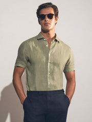 Men Slim Fit Linen Button-Through Shirt in Thyme Green