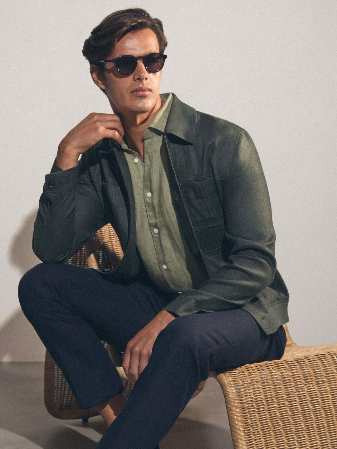 Men Slim Fit Linen Button-Through Shirt in Thyme Green
