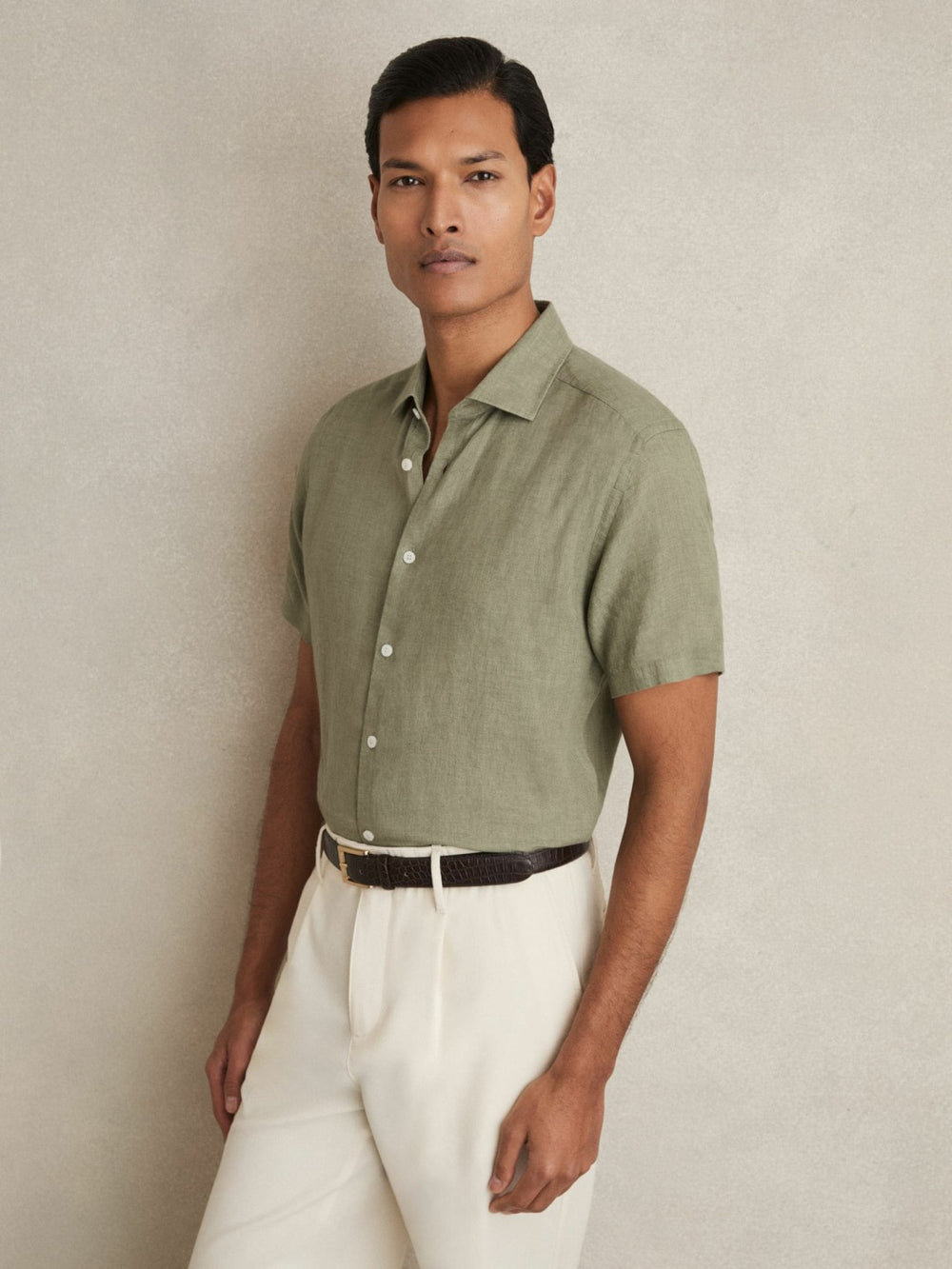 Men Slim Fit Linen Button-Through Shirt in Thyme Green