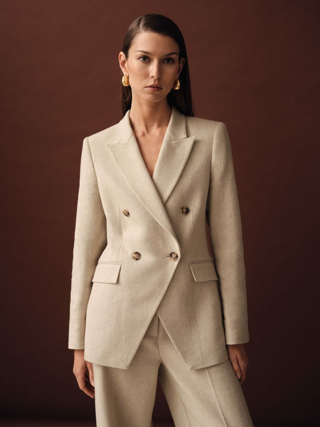 Women Linen-Blend Double-Breasted Suit Jacket in Neutral