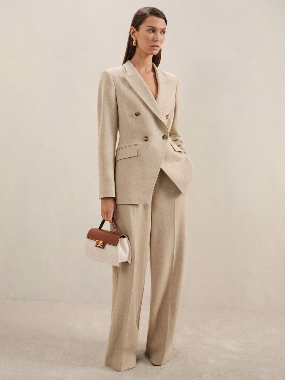 Women Linen-Blend Double-Breasted Suit Jacket in Neutral
