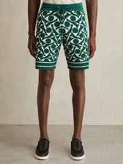 Men Abstract-Pattern Towelling Shorts in Green/White